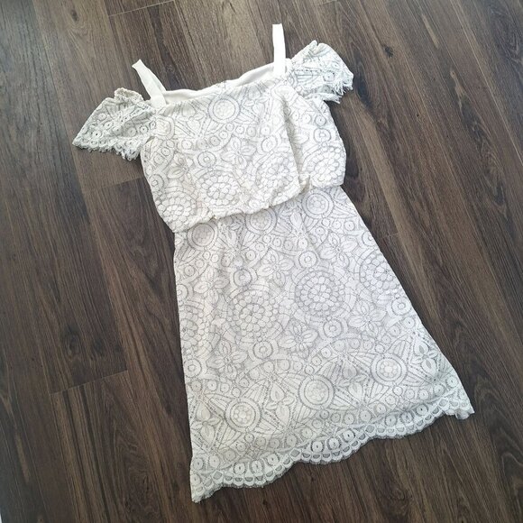 💙 Adrianna Papell Eyelet Lace Open Shoulder Cap Sleeve Lined Dress Size 6 - Picture 3 of 11
